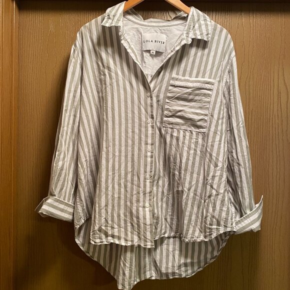 Women's Lola River Striped Button Up Shirt XL Green & White Cotton Preppy - Picture 1 of 5